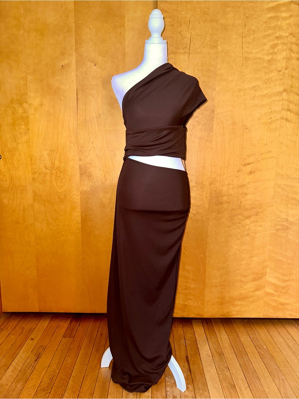 Zara One-Shoulder Cut Out Brown Maxi Dress